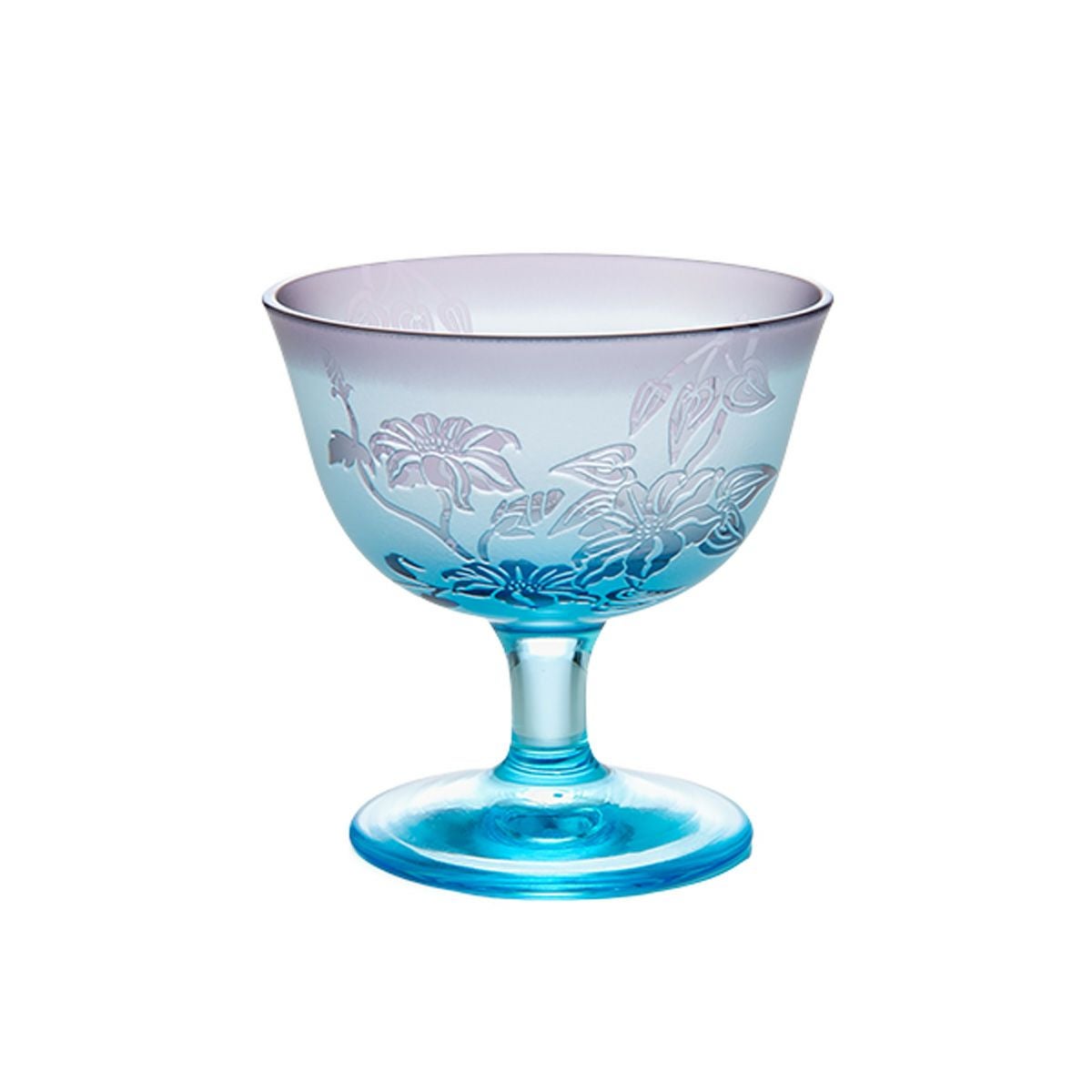 太武朗工房／タブロー 彫刻硝子 夢柄子 鉄線紋 食前酒グラス／脚付小鉢 ブルー／パープル 100ml 3507