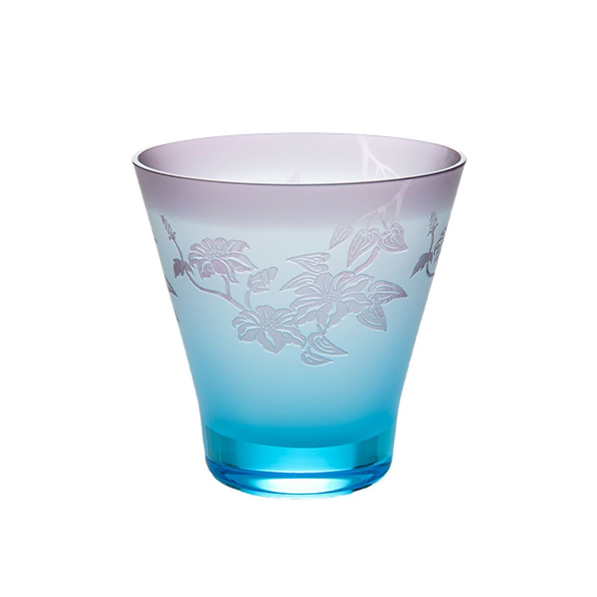 太武朗工房／タブロー 彫刻硝子 夢柄子 鉄線紋 高台オールドグラス ブルー／パープル 210ml 3567