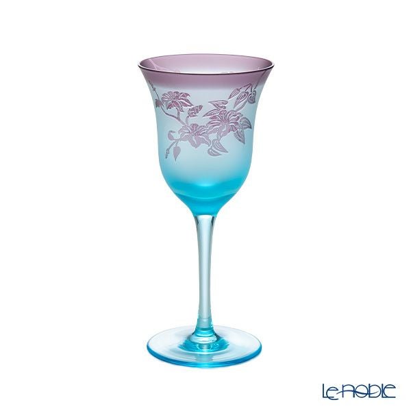 太武朗工房／タブロー 彫刻硝子 夢柄子 鉄線紋 ワイングラス ブルー／パープル 140ml 3528