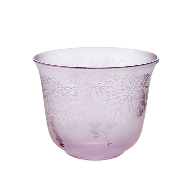 太武朗工房／タブロー 彫刻硝子 夢柄子 ぶどう紋 冷茶椀 ピンク／パープル 180ml 3405