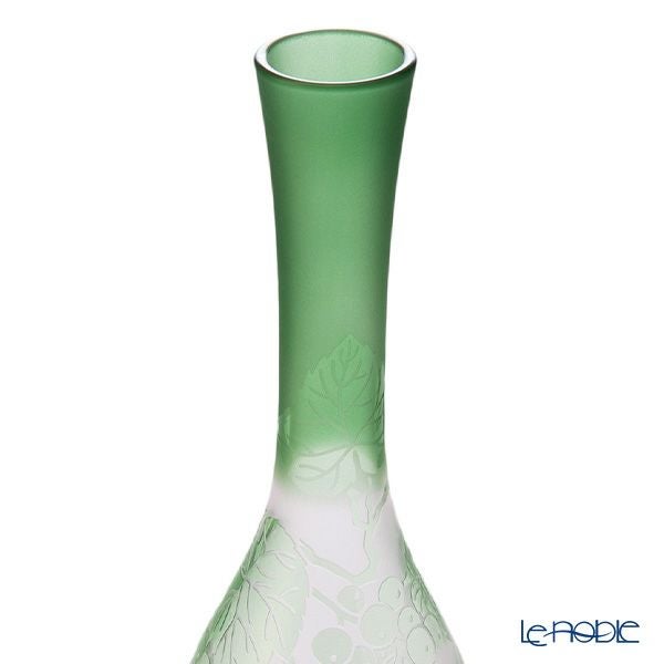 太武朗工房／タブロー 彫刻硝子 夢柄子 ぶどう紋 つる首一輪挿し ピンク／グリーン 3023