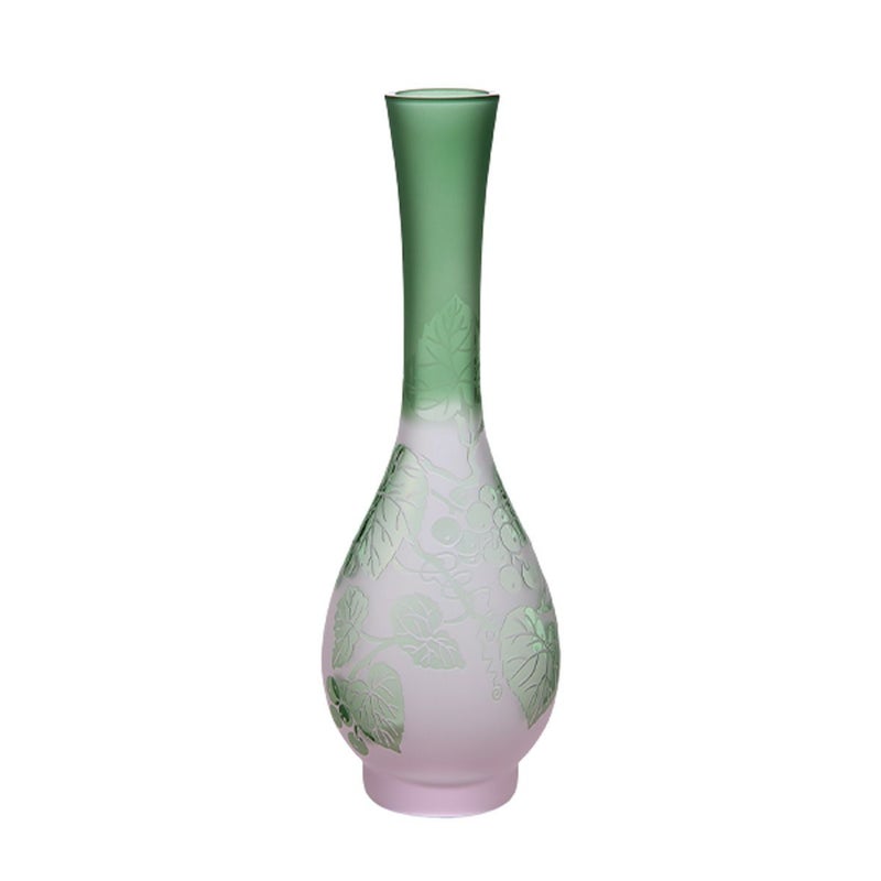 太武朗工房／タブロー 彫刻硝子 夢柄子 ぶどう紋 つる首一輪挿し ピンク／グリーン 3023
