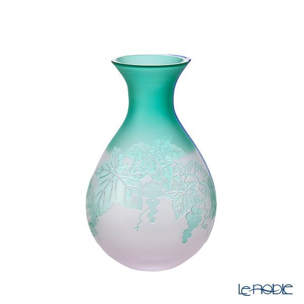 太武朗工房／タブロー 彫刻硝子 夢柄子 ぶどう紋 酒器三点揃 ピンク／グリーン 盃55ml 徳利210ml 3010S