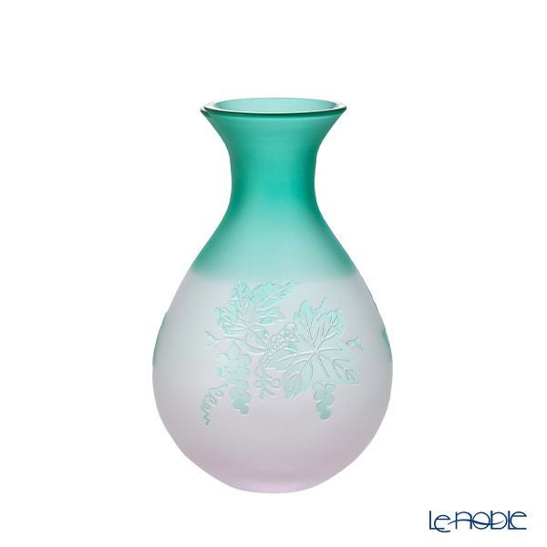 太武朗工房／タブロー 彫刻硝子 夢柄子 ぶどう紋 酒器三点揃 ピンク／グリーン 盃55ml 徳利210ml 3010S
