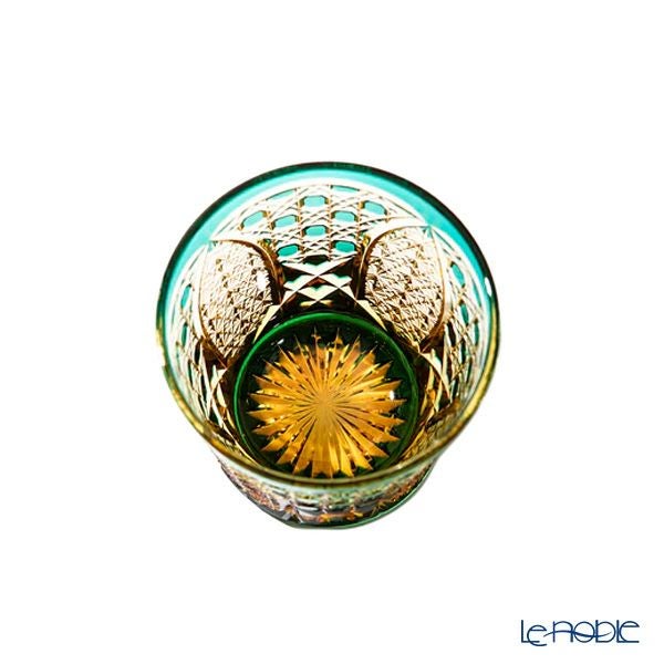太武朗工房／タブロー 菊繋ぎに籠目紋 オールドグラス 琥珀緑 250ml 伝統工芸士 木村泰典 作 5136-35