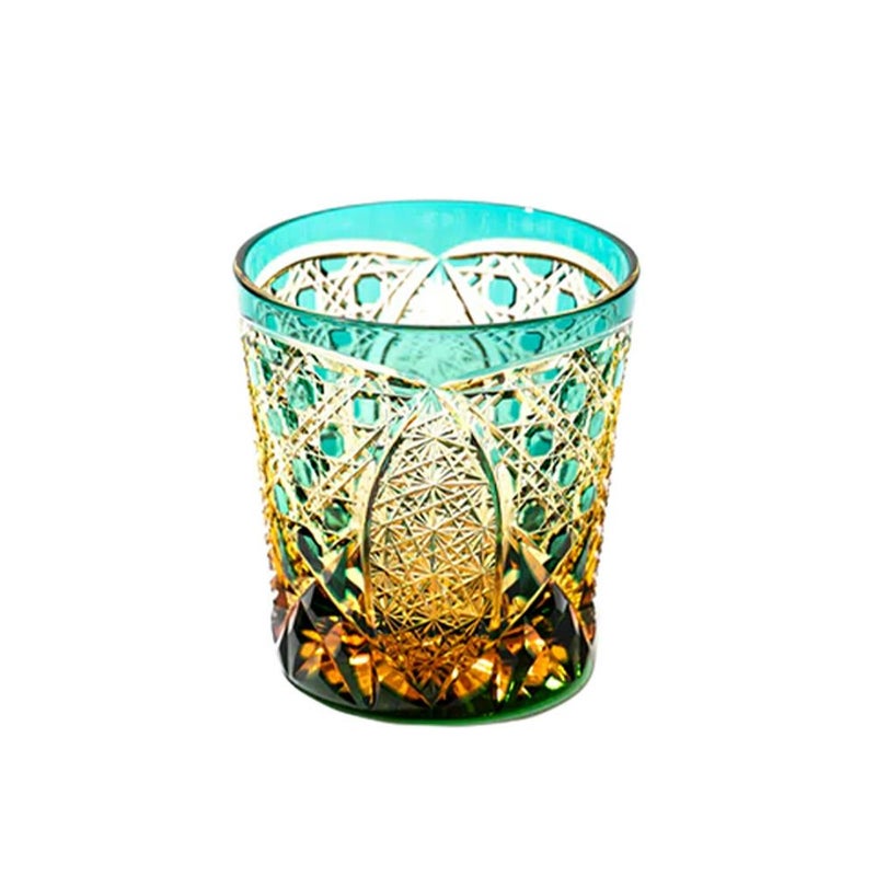 太武朗工房／タブロー 菊繋ぎに籠目紋 オールドグラス 琥珀緑 250ml 伝統工芸士 木村泰典 作 5136-35