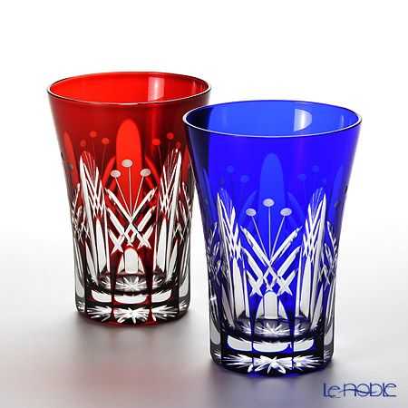 【伝統工芸】田島硝子 江戸切子 映見玉矢来 タンブラー ペア レッド／ルリ（ブルー） TG05-15-2