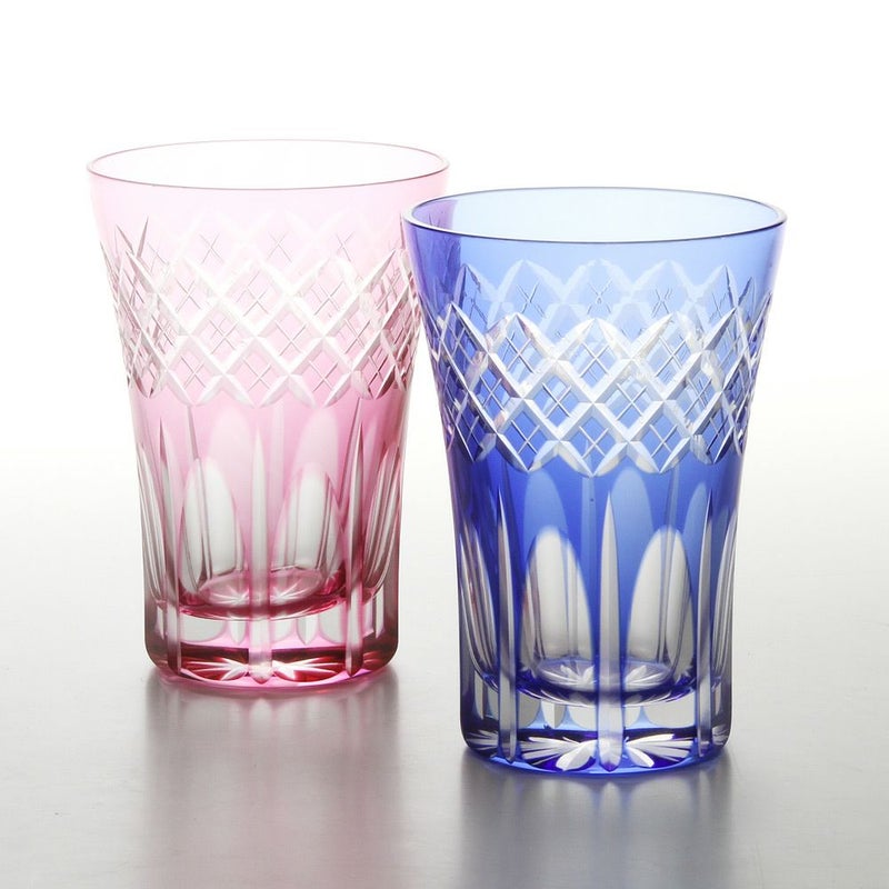 【伝統工芸】田島硝子 江戸切子 映見重ね矢来紋 タンブラー ペア 金赤／ルリ（ブルー） TG08-17-2 【木箱入】