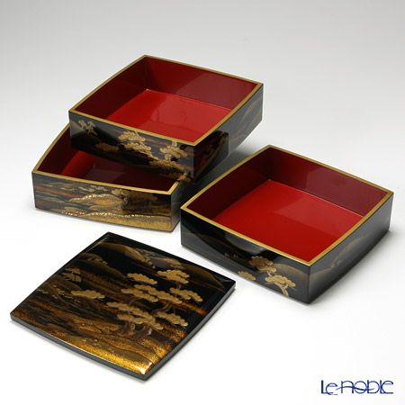 【伝統工芸】輪島塗 山水蒔絵 三段重 盆付