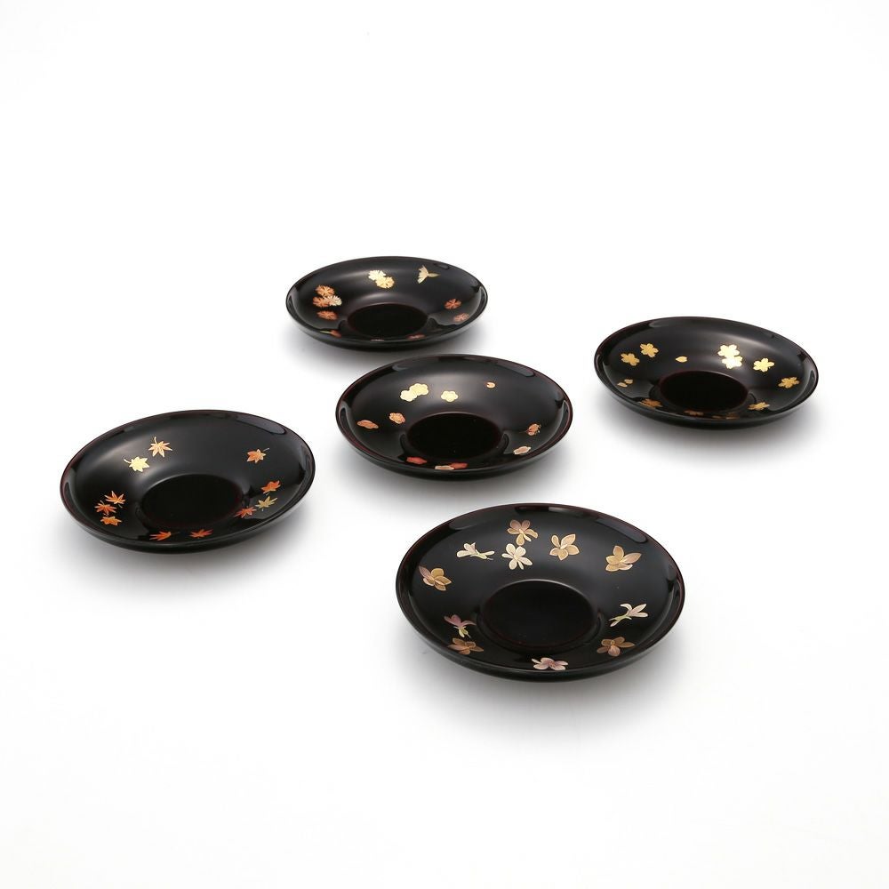 【伝統工芸】輪島塗 茶托 5客揃 小花 坂口政昭氏作