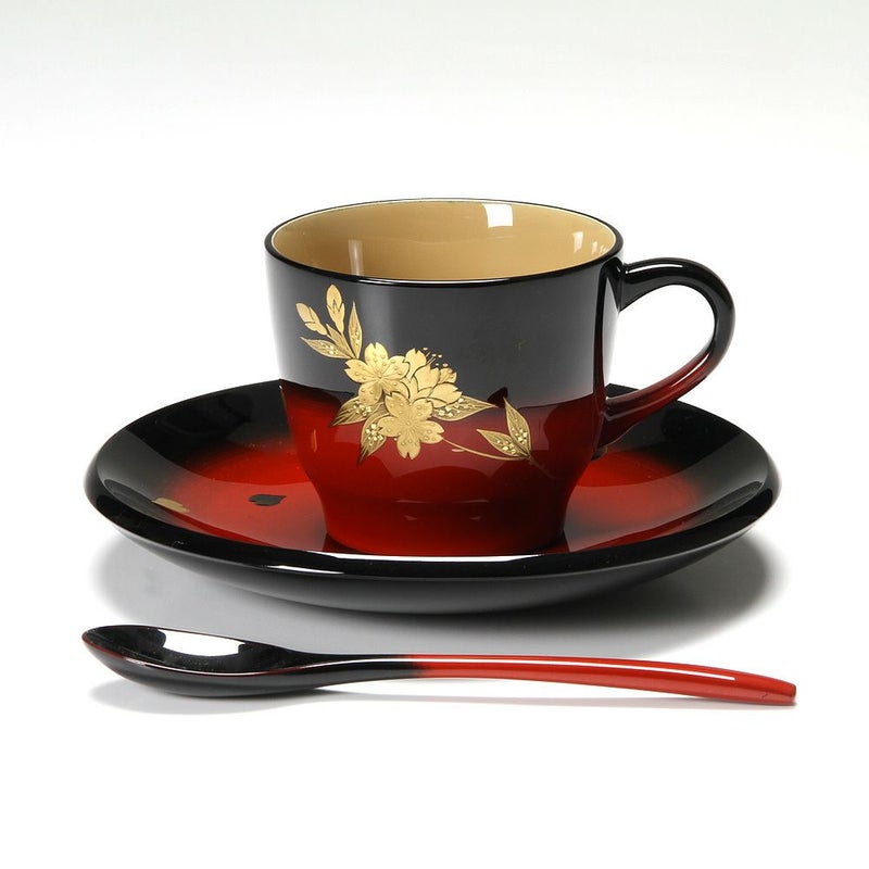 【伝統工芸】輪島塗 コーヒーカップ＆ソーサー＆スプーン 曙桜 坂口政昭氏作