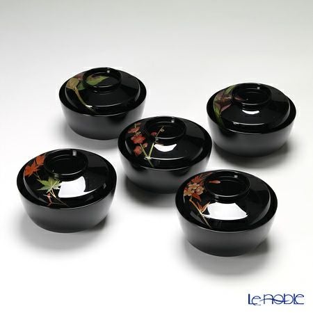 【伝統工芸】輪島塗 煮物椀 5客揃草花絵変わり 坂口政昭氏作