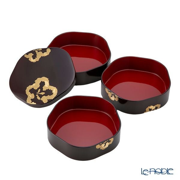 井助 梅型三段重箱 溜内朱 木粉と樹脂の成型品 ウレタン塗り 16×16×H15cm NC-122