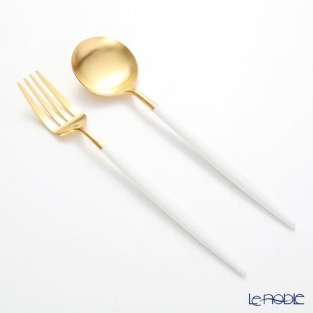 クチポール ゴア GOA ホワイト／ゴールド テーブルスプーン＆フォークセット マット仕上げ
