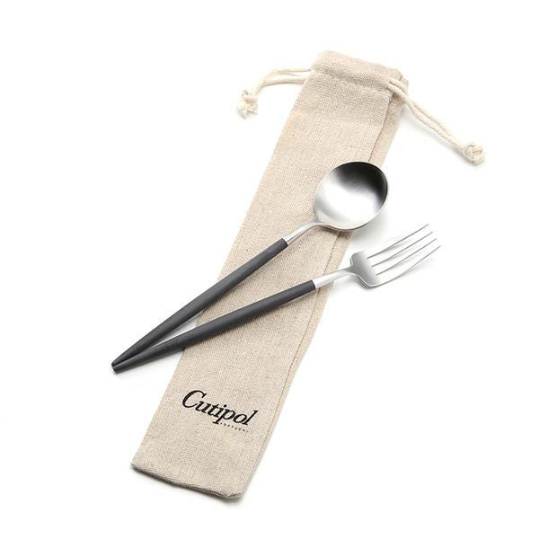 クチポール ゴア GOA ブラック／シルバー デザートスプーン＆デザートフォーク 2点セット マット仕上げ【ロゴ入リネン袋付】