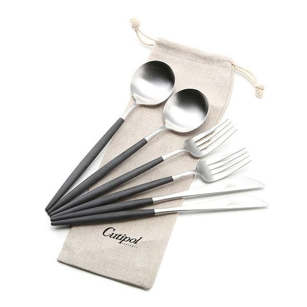 クチポール ゴア GOA ブラック／シルバー テーブルスプーン＆テーブルフォーク＆テーブルナイフ 6点セット マット仕上げ【ロゴ入リネン袋付】