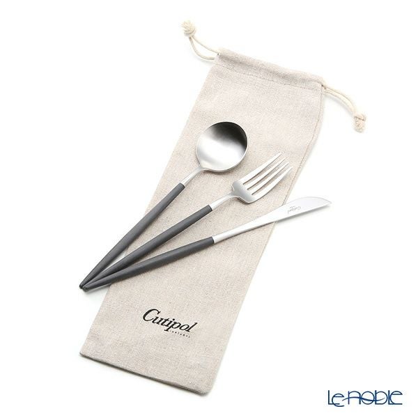 クチポール ゴア GOA ブラック／シルバー デザートスプーン＆デザートフォーク＆デザートナイフ 3点セット マット仕上げ【ロゴ入リネン袋付】