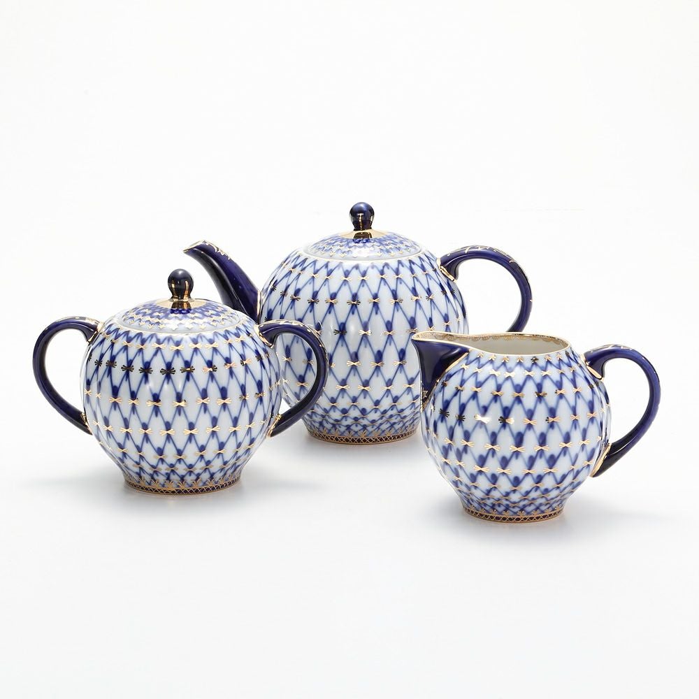 ロシア食器 インペリアル・ポーセリン コバルトネット ポット3点セット