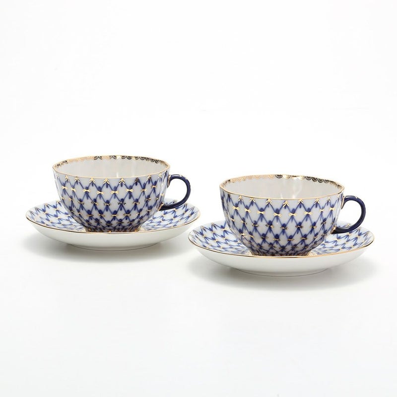 ロシア食器 インペリアル・ポーセリン コバルトネット ティーカップ＆ソーサー 250ml ペア