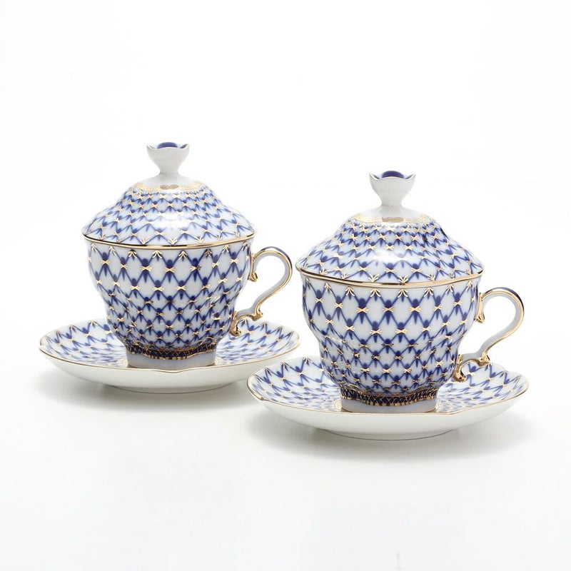 ロシア食器 インペリアル・ポーセリン コバルトネット ティーカップ＆ソーサー 250ml（ふた付） ペア