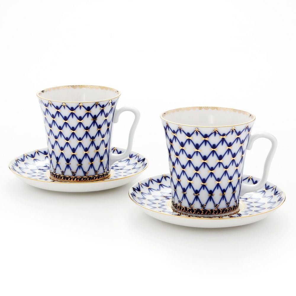 ロシア食器 インペリアル・ポーセリン コバルトネット マグ＆ソーサーセット 360ml ペア
