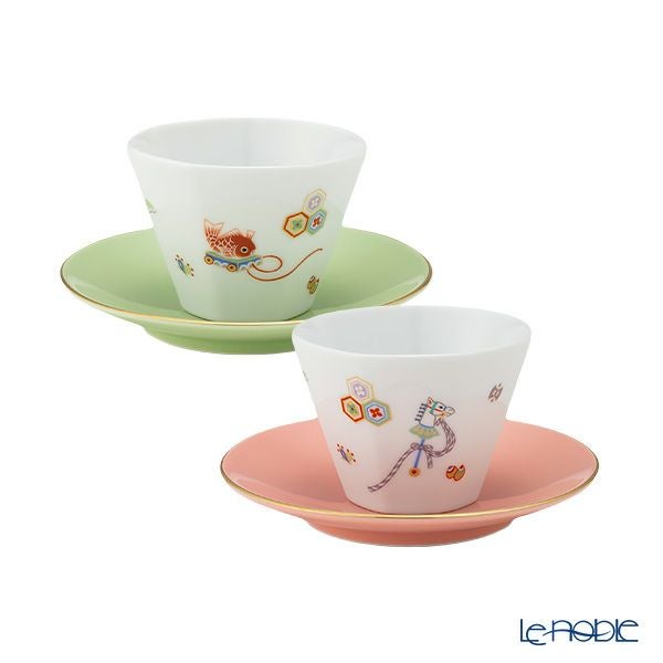 香蘭社 節句文 春駒＆鯛車 カップ130ml＆ソーサー13cm ピンク＆グリーン ペア