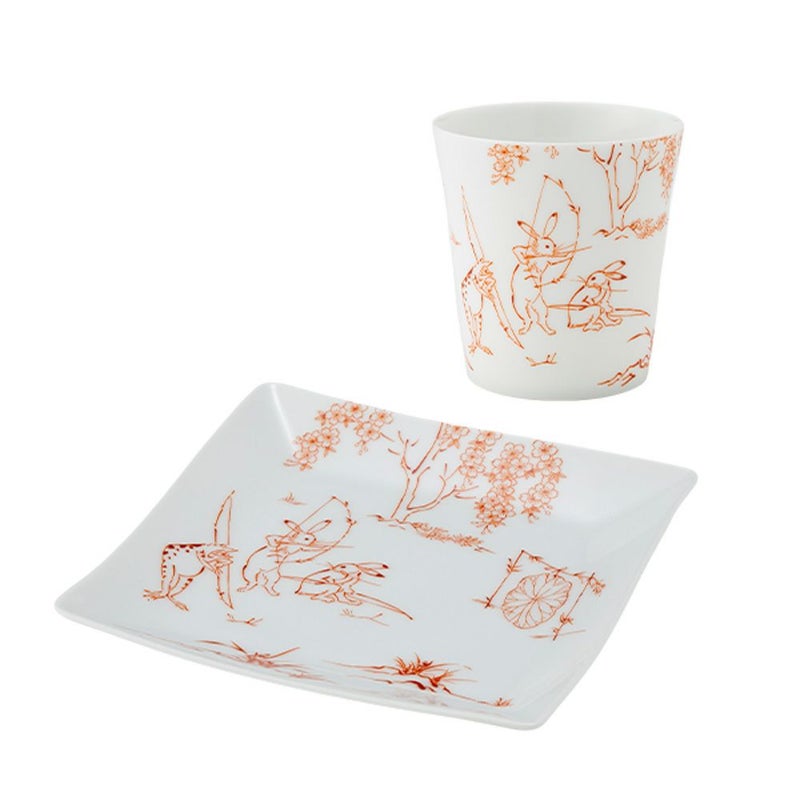 香蘭社 鳥獣戯画 弓矢 フリーカップ 250ml ＆ 角皿 赤 セット