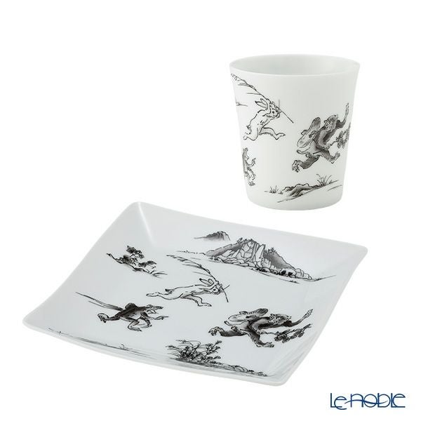 香蘭社 鳥獣戯画 猿追い フリーカップ 250ml ＆ 角皿 黒 セット