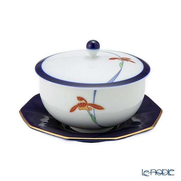 香蘭社 オーキッドレース 蓋付湯呑み 170ml【ルリ 十角形茶托付】