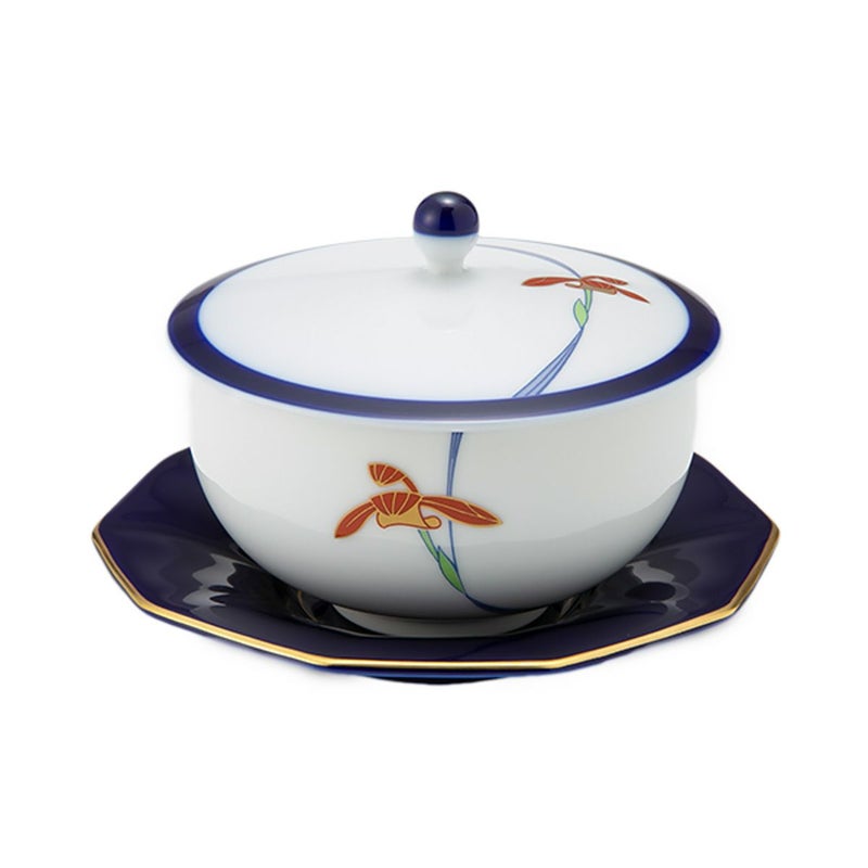 香蘭社 オーキッドレース 蓋付湯呑み 170ml【ルリ 十角形茶托付】