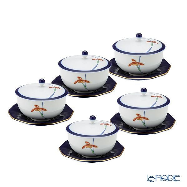 香蘭社 オーキッドレース 蓋付湯呑み 170ml 5客セット【ルリ 十角形茶托付】