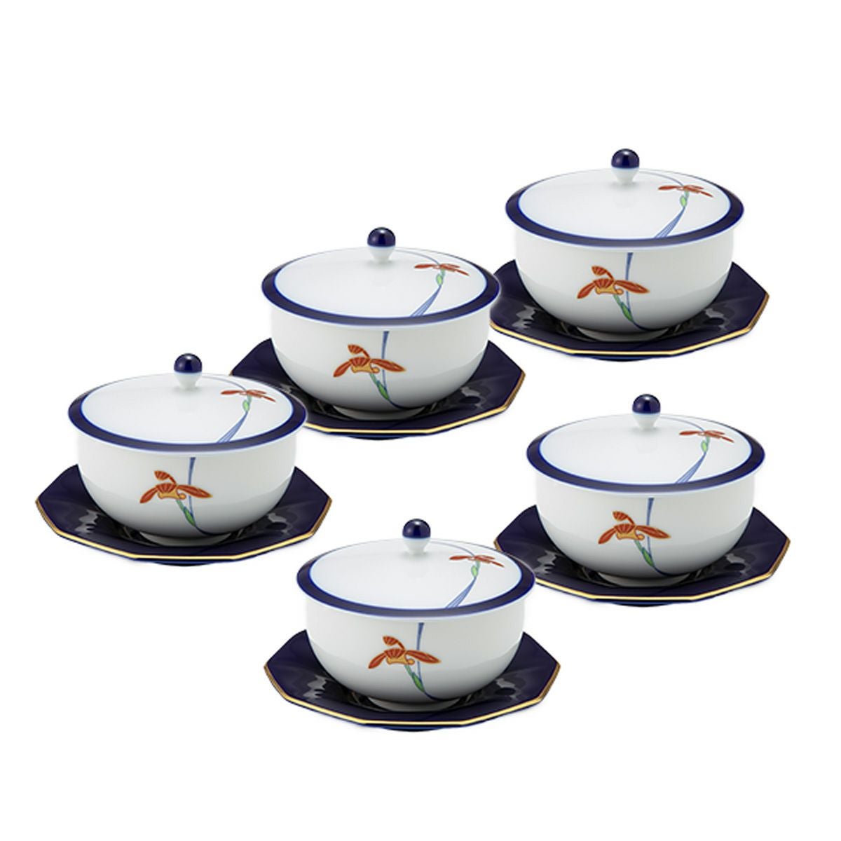 香蘭社 オーキッドレース 蓋付湯呑み 170ml 5客セット【ルリ 十角形茶托付】