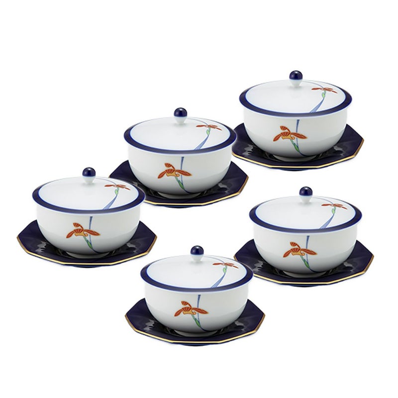 香蘭社 オーキッドレース 蓋付湯呑み 170ml 5客セット【ルリ 十角形茶托付】