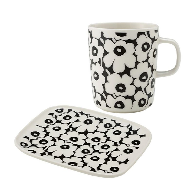 マリメッコ（marimekko） Unikko ウニッコ／けしの花 60thアニバーサリーコレクション 2ピースセット マグカップ＆プレート15.5×12.5cm ブラック×ホワイト