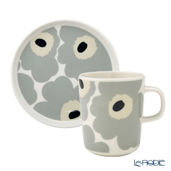 マリメッコ（marimekko） Unikko ウニッコ／けしの花 2点セット マグカップ250ml ＆ プレート13.5cm ライトグレー×サンド