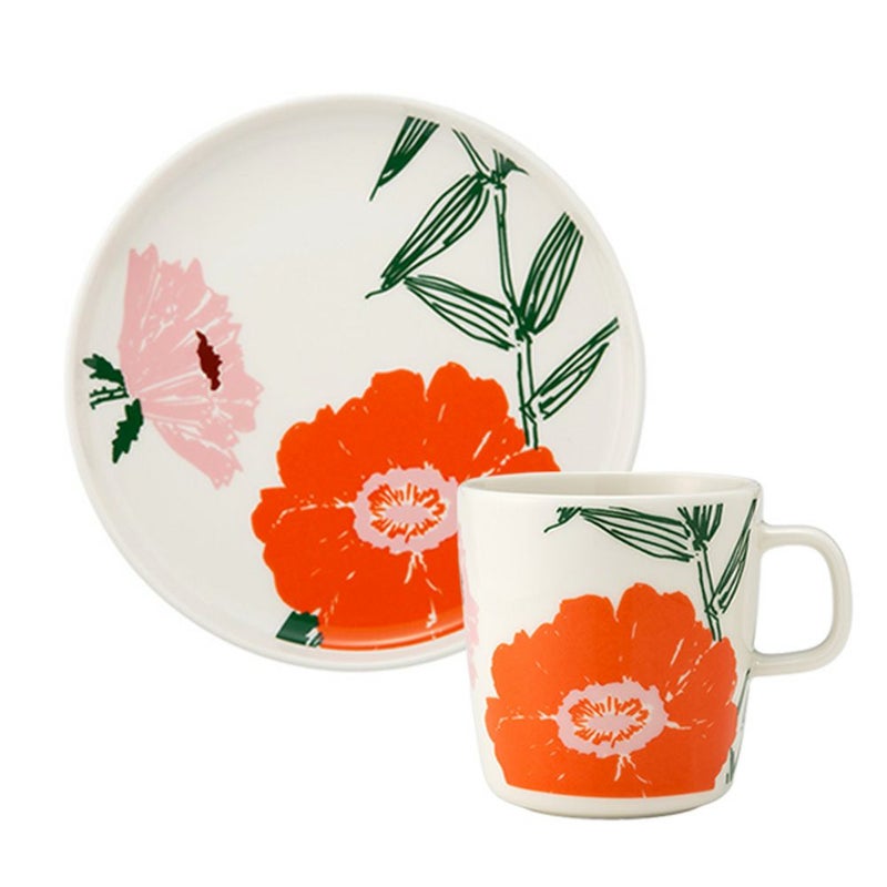 マリメッコ（marimekko） Puutarhakutsut プゥータルハクツットゥ／ガーデンパーティー 2点セット プレート 20cm ＆ マグカップ 400ml ホワイト×オレンジ
