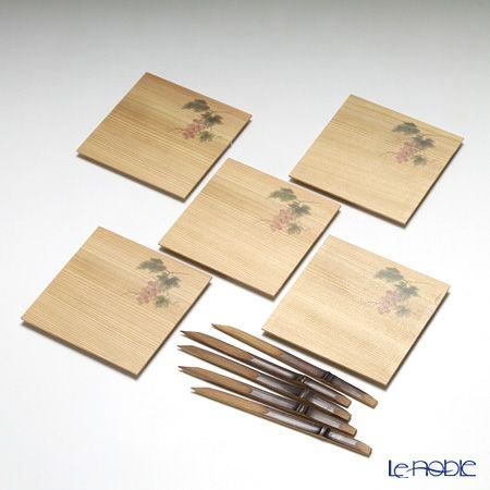 高野竹工 和菓子5客組セット ぶどう 杉小皿＆本煤竹楊枝節付