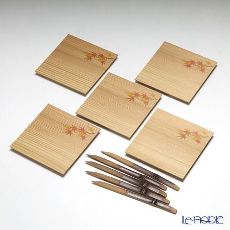 高野竹工 和菓子5客組セット もみじ 杉小皿＆本煤竹楊枝節付