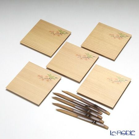 高野竹工 和菓子5客組セット さくら 杉小皿＆本煤竹楊枝節付