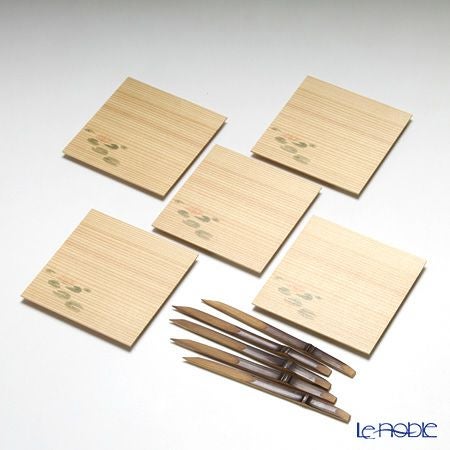 高野竹工 和菓子5客組セット はす 杉小皿＆本煤竹楊枝節付