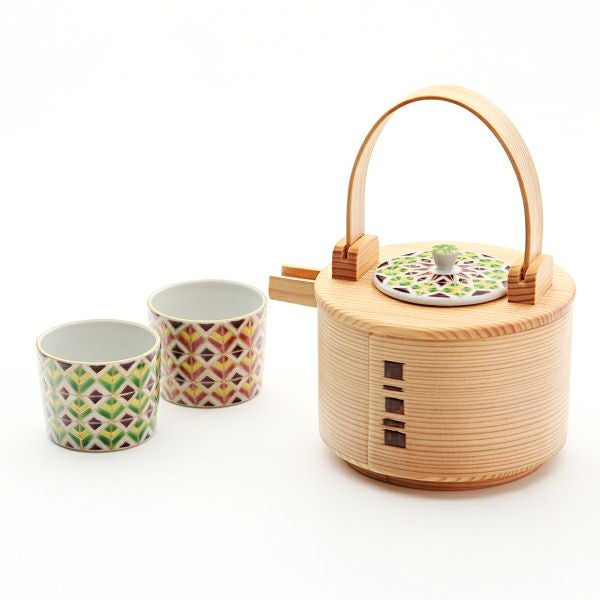 京焼・清水焼 酒器 K0993 彩万華鏡紋 曲げわっぱ600ml 緑 ＆ ぐい呑90ml （緑＋赤）3点セット