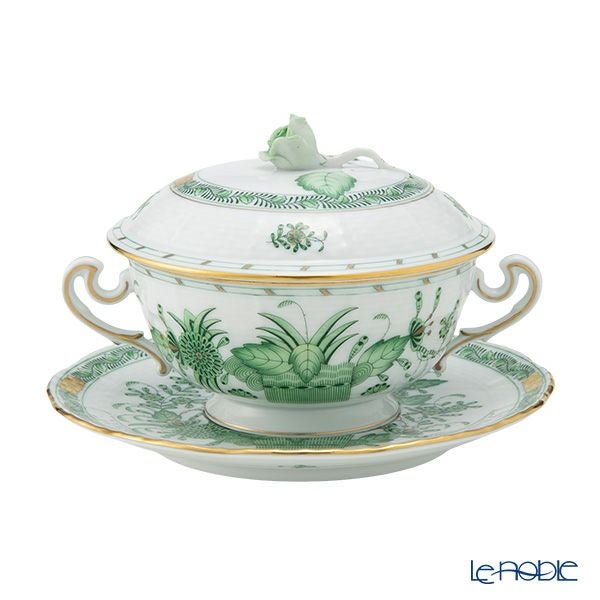 ヘレンド インドの華グリーン FV スープカップ＆ソーサー 蓋付 00744-0-09