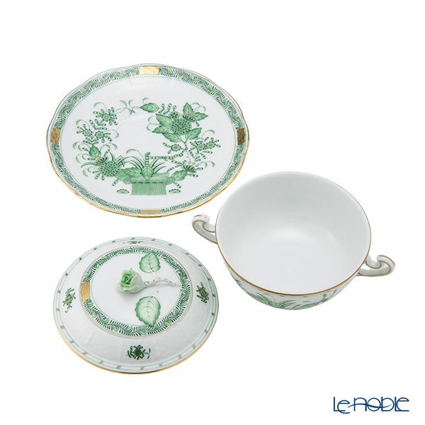 ヘレンド インドの華グリーン FV スープカップ＆ソーサー 蓋付 00744-0-09