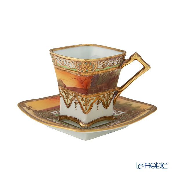 【1点限り】オールドノリタケ 金盛り ドーム風 湖水風景文 ダイヤ型カップ＆ソーサー メープルリーフ印 1891-1911