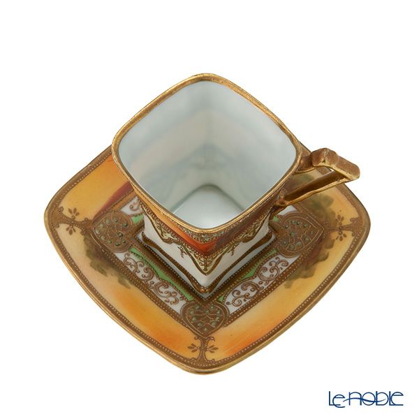 【1点限り】オールドノリタケ 金盛り ドーム風 湖水風景文 ダイヤ型カップ＆ソーサー メープルリーフ印 1891-1911