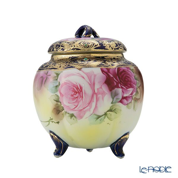 【1点限り】オールドノリタケ 金盛り コバルトジュール 菓子入れ蓋物 薔薇文三つ足付 メープルリーフ印 1891-1911