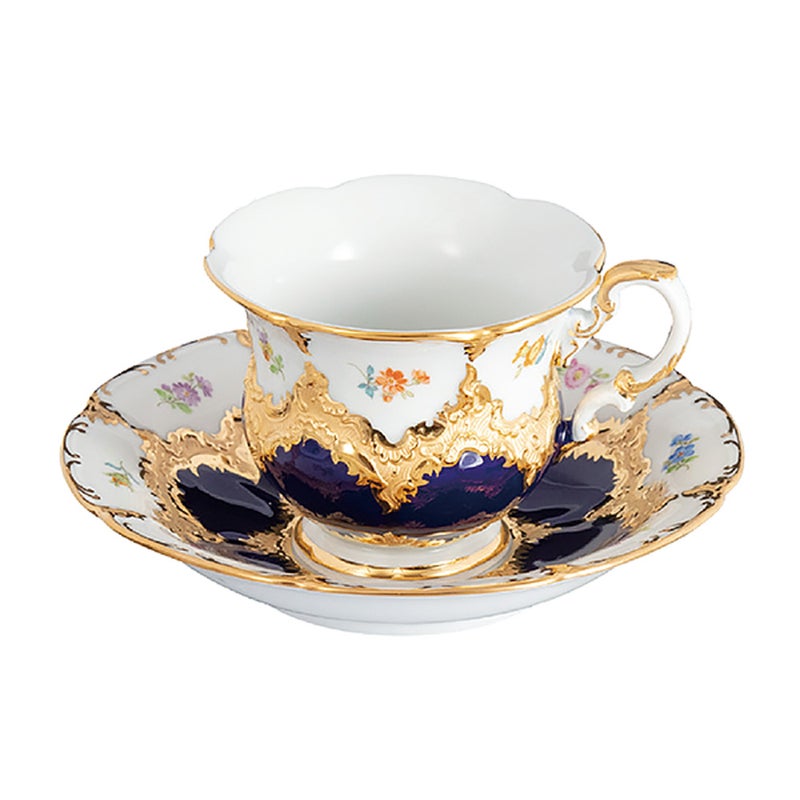 【メーカー取り寄せ商品】マイセン（Meissen） 宮廷の小花 紺金箔 コーヒーカップ＆ソーサー B-Form 200ml 取手半金 011079／15582