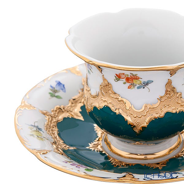 【メーカー取り寄せ商品】マイセン（Meissen） 宮廷の小花 緑金箔 コーヒーカップ＆ソーサー B-Form 200ml 取手半金 014079／15582