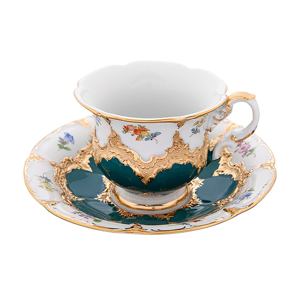 【メーカー取り寄せ商品】マイセン（Meissen） 宮廷の小花 緑金箔 コーヒーカップ＆ソーサー B-Form 200ml 取手半金 014079／15582