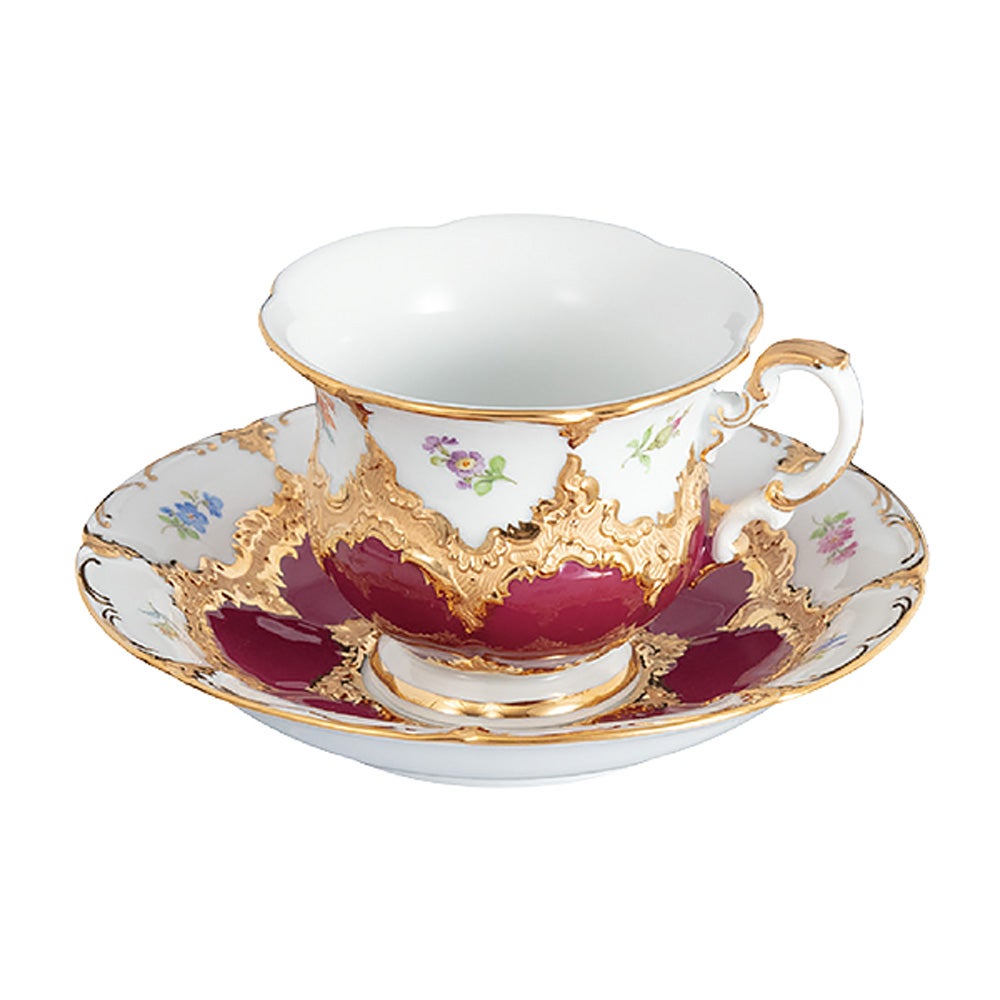 【メーカー取り寄せ商品】マイセン（Meissen） 宮廷の小花 赤金箔 コーヒーカップ＆ソーサー B-Form 200ml 取手半金 012079／15582